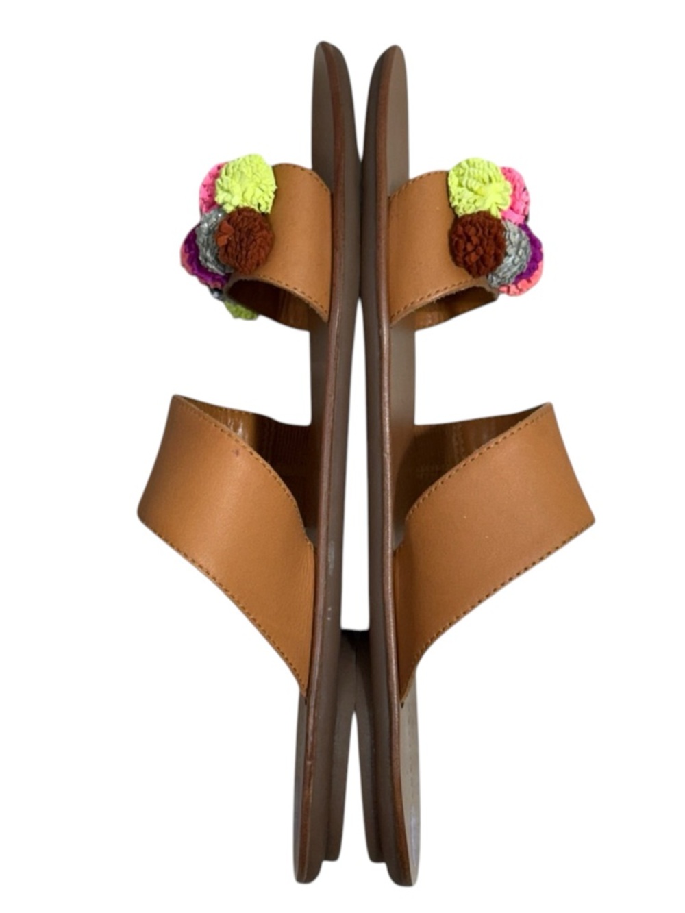 Anthro Loeffler Randall Clem Tan Leather Rainbow Pom-Pom Slide Sandals Women’s 8 - Picture 8 of 10